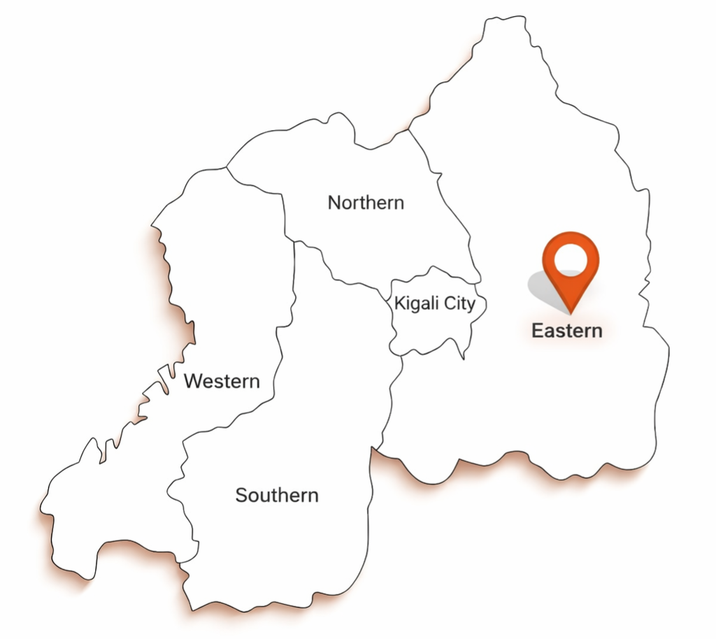 Sketch map of Rwanda with a location pin highlighting the Eastern Province, origin of traditional Imigongo art